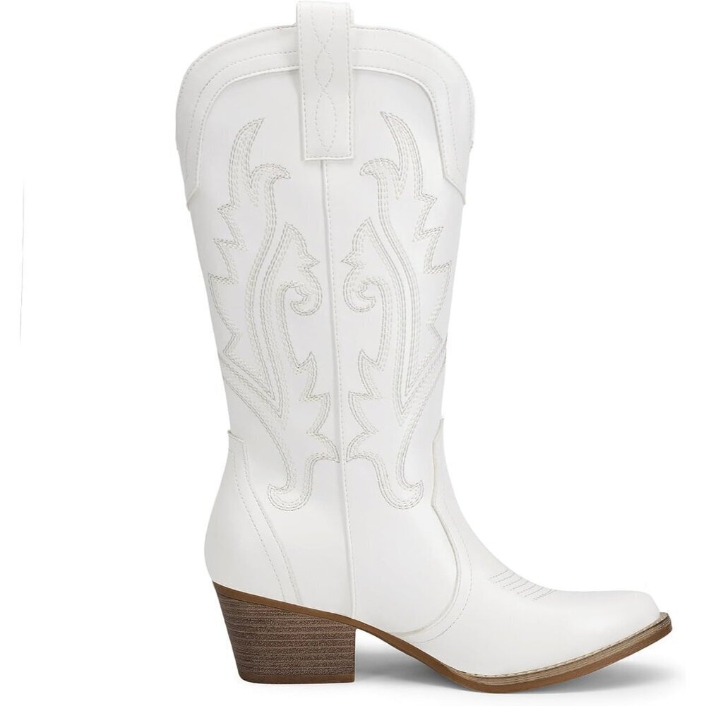 Women's White Cowgirl Boots Embroidered Pointed Toe Low Heel Mid Calf Boot - Picture 3 of 8